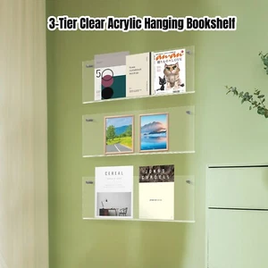 3 Tiers Clear Wall Mount Shelf Book Magazines Storage Rack Shelving Bookshelf - Picture 1 of 11
