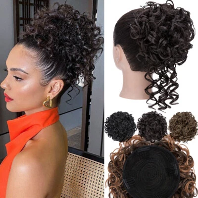 Afro Kinky Curly Ponytail Clip in Bangs Drawstring Hair Bun Extensions Synthetic - Image 1 of 4