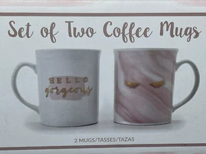 Juego de 2 tazas de café - Hola Gorgeous y pestañas - Nuevo en caja Arcadia Beauty - Imagen 1 de 5
