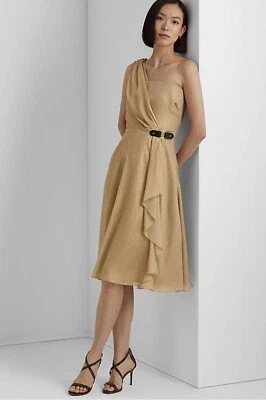 Vestido Ralph Lauren Hebilla Metálico Chifón Cóctel Dorado Talla 12 Nuevo con Etiquetas $225 Foto 1 de 4