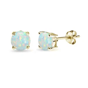 Gold Flashed Silver Simulated White Opal 6mm Round-Cut Solitaire Stud Earrings - Picture 1 of 3
