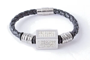 STAINLESS STEEL CRYSTAL SET GOLD TONE CUBE ON BRAIDED BLACK LEATHER BANGLE, 8" - Picture 1 of 2