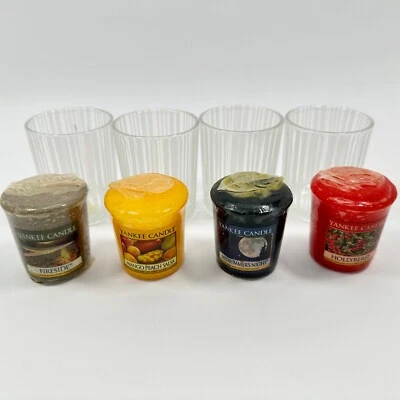Votive Holders Glass Frosted Stripes (4) Yankee Votive Candles (4) Foto 1 de 4