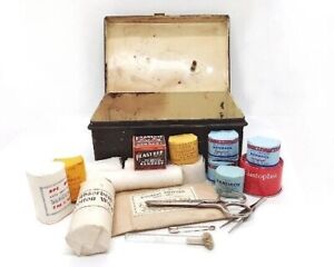 Vintage First Aid kit in a metal tin, home medical kit, vintage medical supplies
