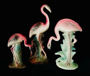 Set Of 3 Vintage MCM Art Deco Style Pink Flamingo Ceramic Figurine - Picture 1 of 2