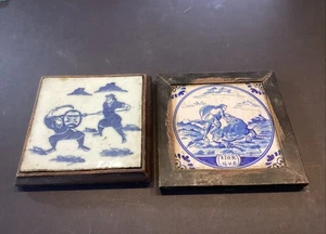 2 antike Fliesen Delfter Bibel Kampf gegen einen Löwen / japanische orientalische Soldaten - Bild 1 von 12