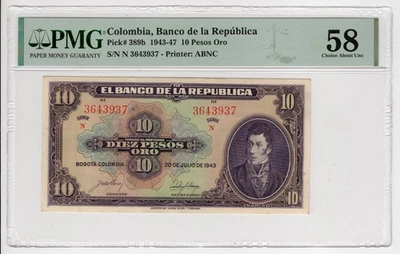 Colombia 10 pesos Oro (1943-47) P#389b Elección Sobre Unc 58 PMG #2 Foto 1 de 2