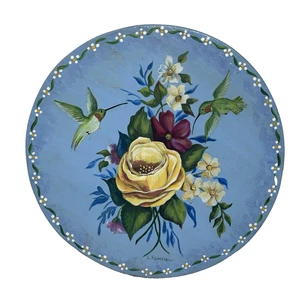 Vintage Hand Painted Blue Lazy Susan Hummingbirds Yellow Rose Flower Wood Floral - Picture 1 of 24