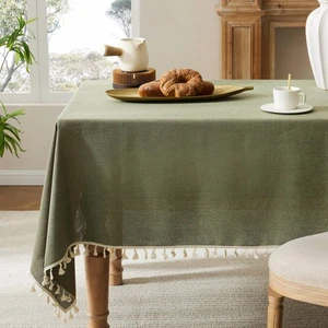 Linen Tablecloth with Tassels, Farmhouse Style Green Tablecloth, Water Resist... - Picture 1 of 7