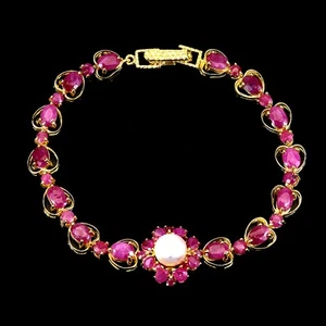 Summer 925 Sterling Silver Bracelet Oval Ruby 5x4mm Pearl Gemstone Jewelry 7.5in - Picture 1 of 13