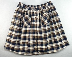 ModCloth Skirt 1X Plaid Blue Brown Button Front Lined Pockets Classic Fall - Picture 1 of 9