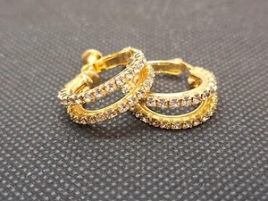Vintage Les Bernard Rhinestone, Gold Plated Double Hoop Clip On Earrings - Picture 1 of 8