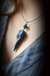 Raven Spirit Guide Necklace Polymer Clay Sculpture pendant Handmade Wicca Witch - Picture 1 of 10