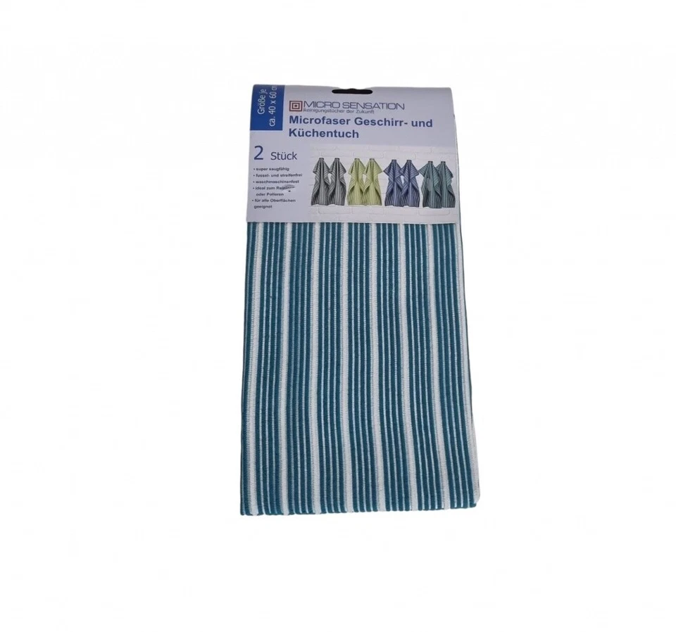  Micro Sensation Microfaser Geschirrtuch Handtuch 60x40cm- 2er Türkis Streifen - Bild 1 von 1