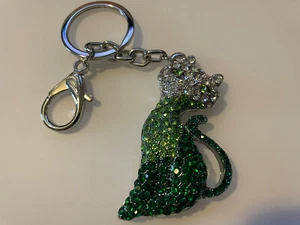Silver Tone Cat Keychain Encrusted Green Rhinestone NWOT Glitz Bling - Picture 1 of 4