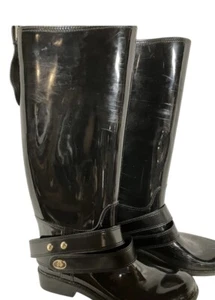COACH TALL BLACK RAIN BOOTS SZ 8 SEE DESCRIPTION  - Picture 1 of 6