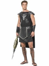 Mens Dark Gladiator Costume Roman Greek Warrior Tunic Cape Fancy Dress Outfit