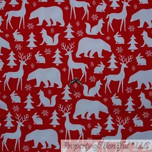 BonEful Fabric FQ Cotton Quilt Red Fox White Tree Animal Deer Bear Snow Scenic S - Picture 1 of 12