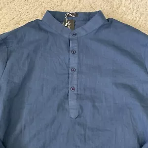 COOFANDY Shirt Mens Medium Blue Cotton Hemp Roll Tab Sleeve Henley Casual Light - Picture 1 of 7