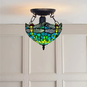 Lampada da soffitto verde libellula Tiffany 10 pollici paralume vetro colorato stile antico - Foto 1 di 15