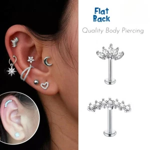 Cartilage Labret Piercing Earrings Stud Crystal Gem Flat Disc Back Tragus Helix - Picture 1 of 11