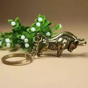 Solid Brass Wall Street Bull Keychain Keyring - Picture 1 of 7