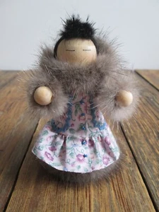 RUTH HOLLAND Thistleberries Alaska Eskimo Doll Fur Wooden Alaskan Handcrafted - Picture 1 of 7
