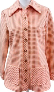 Vintage 60s 70s Polyester Leisure Suit Jacket Shirt Blazer Pink Plaid Womens S/M - Picture 1 of 10
