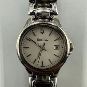 Bulova Watch Women Stainless Steel White Round Dial Date Window New Battery - Picture 1 of 14