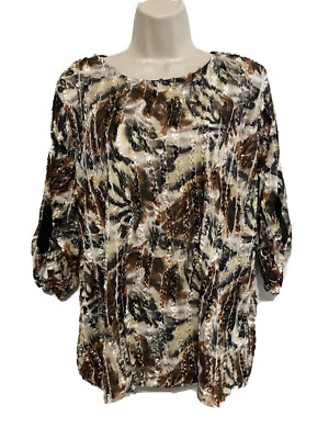 Erin London Top L Marrón Oro Negro Blanco Geométrico Cinta Aplique Manga 3/4 Foto 1 de 4