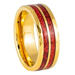 Yellow IP 8mm Men's Tungsten Carbide Ring Faceted Finish Red Glitter Inlay - Picture 1 of 4