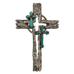 Cruz de pared de poliresina marrón turquesa de 15 pulgadas de corte cruzado - Imagen 1 de 1