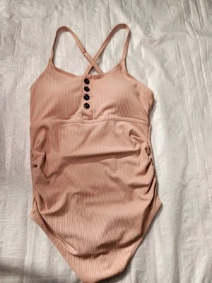 SUMMER MAE Maternity Women's Small Pink Rose Swimsuit Ruched Ribbed Cross Back - Image 1 of 4