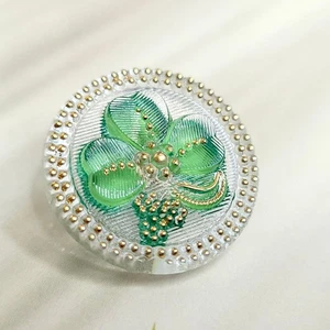Art Deco Glass Button 27mm Green Glass Button Flowers Style - Picture 1 of 6