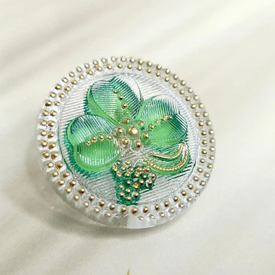 Art Deco Glass Button 27mm Green Glass Button Flowers Style - Image 1 of 4
