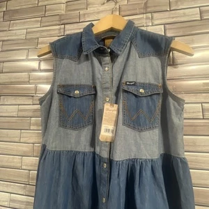 Wrangler Girls XL Sleeveless Western Denim Yoke Snap Dress Blue color block NWT - Picture 1 of 16