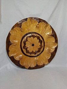 Vintage Hand Carved Wood Plate Floral Leaves Wall Decor Two Toned, Wall Hanging - Picture 1 of 9