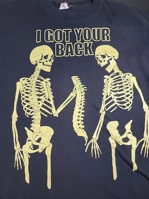 Vintage Jerzees Mens Black "I Got Your Back" Yellow Skeletons T-shirt Sz XL  - Image 1 of 4