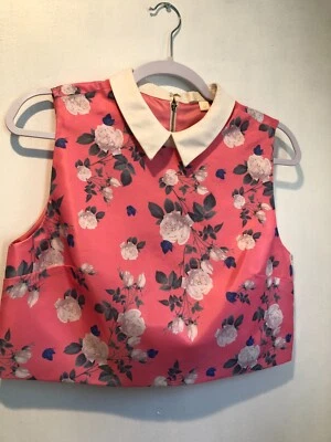 Top corto ERIN por Erin Fetherston Diseñador JOSEPHINE Rosa Floral Sin Mangas Talla 10 Foto 1 de 4