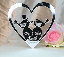 Personalised Acrylic Wedding Cake Topper Mr&Mrs Mirror Wood Love Heart birds