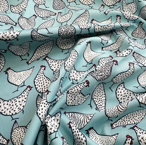 Cotton Fabric - Chicken Hens Bird Print on Duck Egg Blue - Craft Fabric Material - Picture 1 of 7