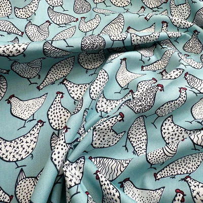 ROSE & HUBBLE Cotton Fabric - Chicken Hens Bird Print on Duck Egg Blue - Craft Fabric Material