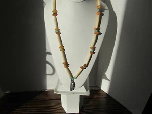 VTG Navajo Turquoise Amber Elongated Bead Necklace Sterling Turquoise Pendant - Picture 1 of 11