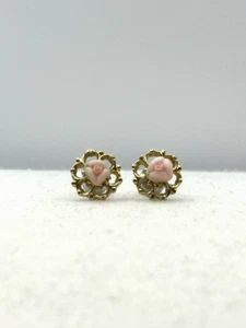 Vintage Pink Porcelain Rose Flower Gold Tone Cutout Scalloped Stud Earrings - Picture 1 of 19