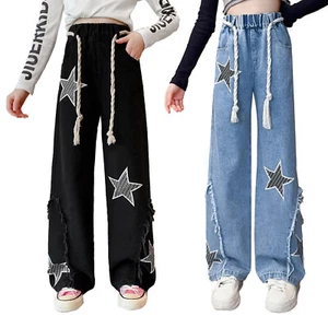 Kids Girls Jeans Elastic Waistband Denim Pants Unique Trousers Wide-Leg Ripped - Picture 1 of 28