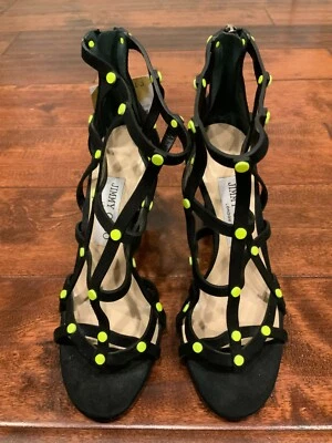 Jimmy Choo Black Suede & Yellow Stud Rear Zip Caged Heels, Size 7.5 US 37.5 EUR - Image 1 of 4