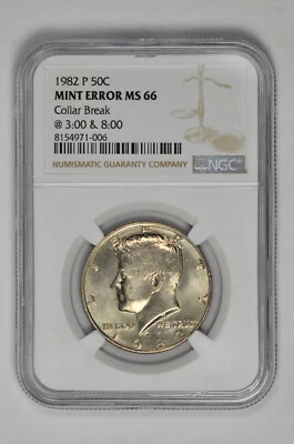 1982 P 50c Kennedy Half Dollar NGC MS 66 Mint Error Collar Break in Fresh Holder - Image 1 of 2