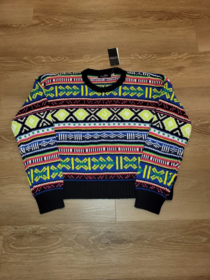 LAUREN RALPH LAUREN Multi Color Geo-Motif Cotton Linen Crewneck Sweater XL