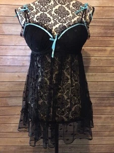 Womens Teddy Sz M Black Polka Dot Lace Nighty - Bild 1 von 12