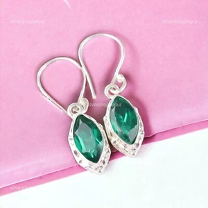 Green Emerald Gemstone Hook Wedding Dangle Daughter Elegant Earrings 925 Silver - Picture 1 of 6